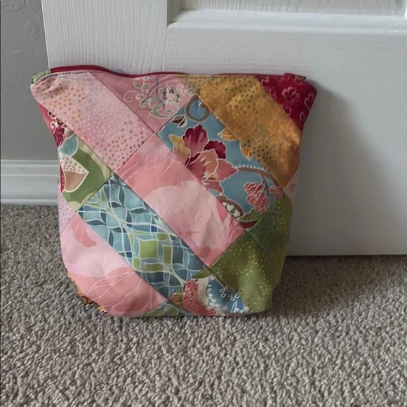 Hand Crafted Red and Pink Cosmetic Bag with Unique Patchwork Design - Picture 2 of 9